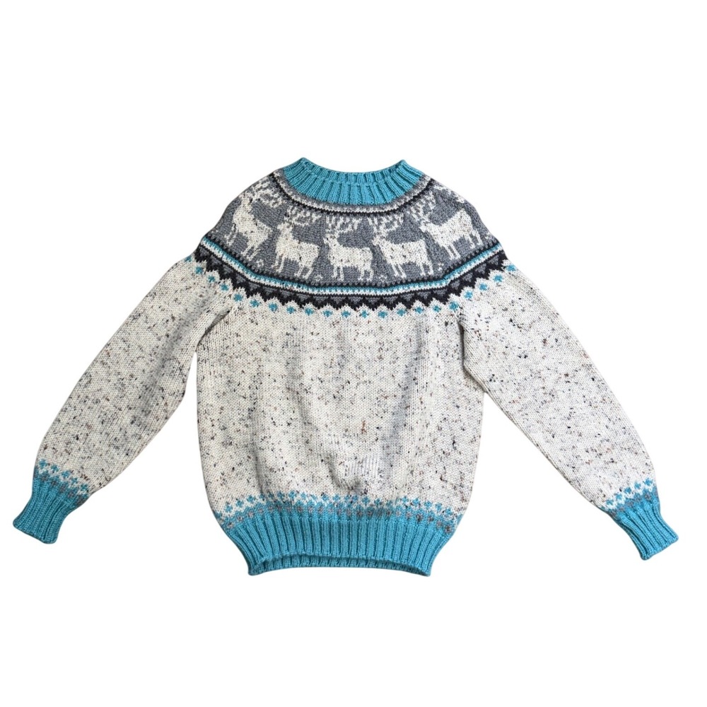 Vintage Fair Isle Reindeer Knit Sweater Oatmeal Turquoise Tweed Mock Neck XL